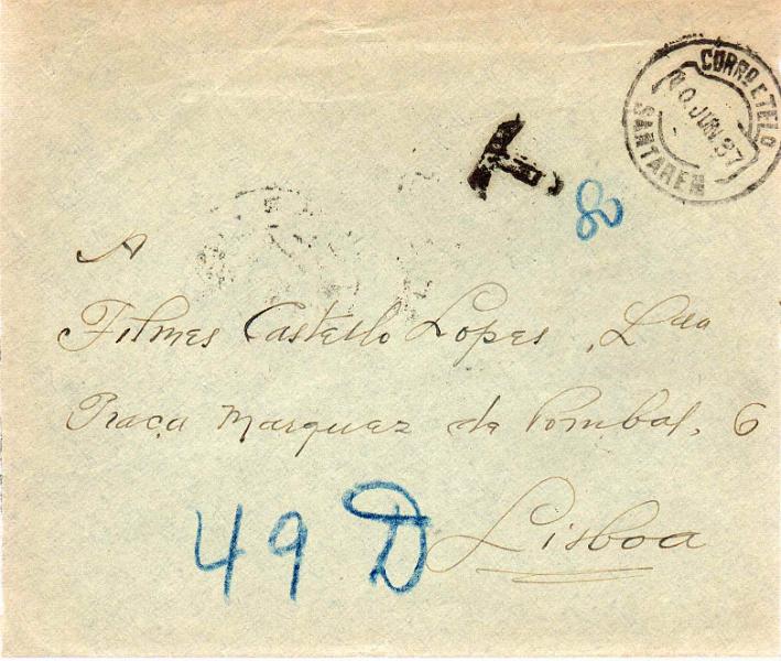 1880 f.jpg -     Lote:    1880 (frente)      Lotes pelo Correio             Descrição:         1932/33 &mdash; Porteado. Tipo Etiqueta. Sobrescrito circulado sem franquia de Santarém (10.06.37) para Lisboa (11.06.37). Foi porteado no dobro so porte em falta com selo de $80 CE POR52.        Carta       Valor Base:     &euro; 6,00     Valor Venda:     &euro; 6,00     